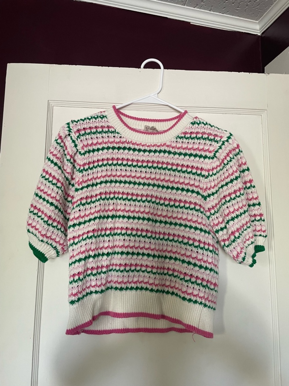 Peach Love California Cream Pink & Green Striped Short-Sleeve Sweater